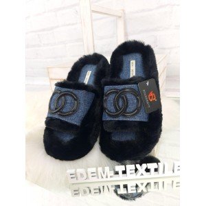 Современные женские тапочки джинсовые с мехом 23813 Синий, 37