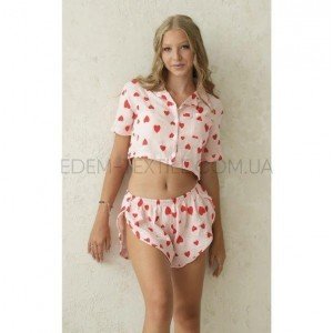 Пижама летняя на пуговицах Сердечки 166 Муслин Розовый, 2XL