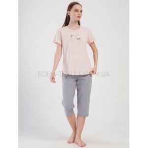 Пижама в горошек с капри Котики Батал 1248 Персиковый, 1XL