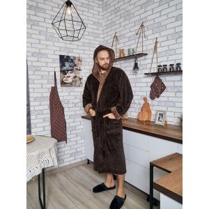 Теплый Мужской длинный халат с капюшоном Велсофт 4002 Коричневый, L