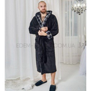 Теплый халат для мужчин с капюшоном Клеточка Велсофт 4002 Черный, 3XL