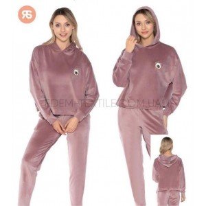 Плюшевый костюм кофта с капюшоном и штаны 4939 Пудровый, L