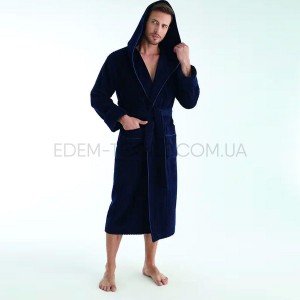 Мужской халат с капюшоном длинный Nusa 1335 Темно-синий, 3XL