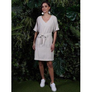 Летнее платье в полоску с поясом Vienetta 0035 Бежевый, L