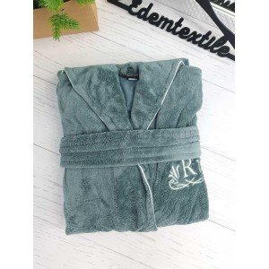 Махровый мужской теплый халат с капюшоном 403 хвойный, 2XL
