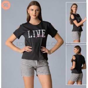 Пижама шорты в клетку и футболка Live 5787 Черный, XL