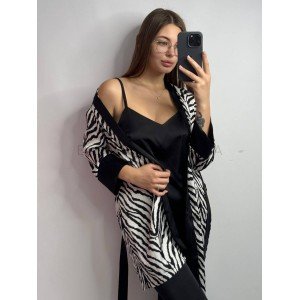 Комплект женский Халат з поясом Майка Штаны 163 Черный, M/L