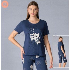 Пижама футболка и бриджи Котик с мороженым 6155 Синий, XL