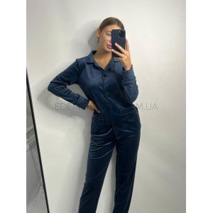 Велюровый комплект кофта на пуговицах и штаны 098 Синий, XL