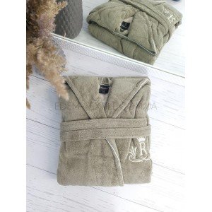 Мужской длинный махровый халат с капюшоном 403 светлый хаки, 2XL